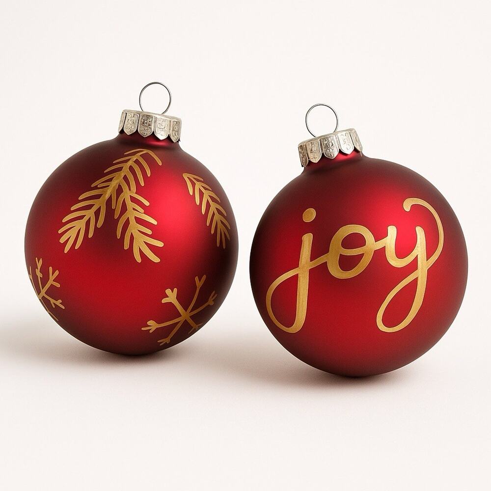Vtg Neiman Marcus glass Christmas ornament red gold joy Script snowflake set
